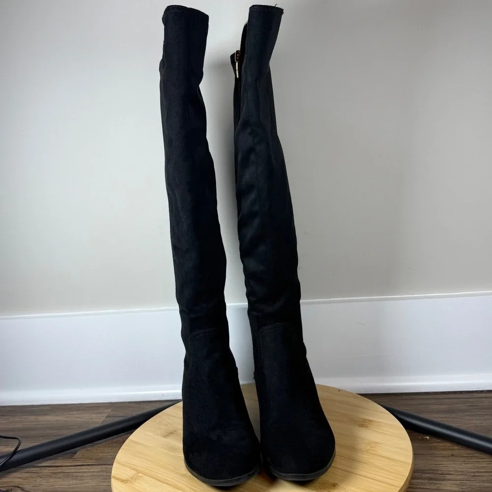Marc Fisher Knee High Boots Women 6M Black Good Gold Detail Faux Suede Stretch